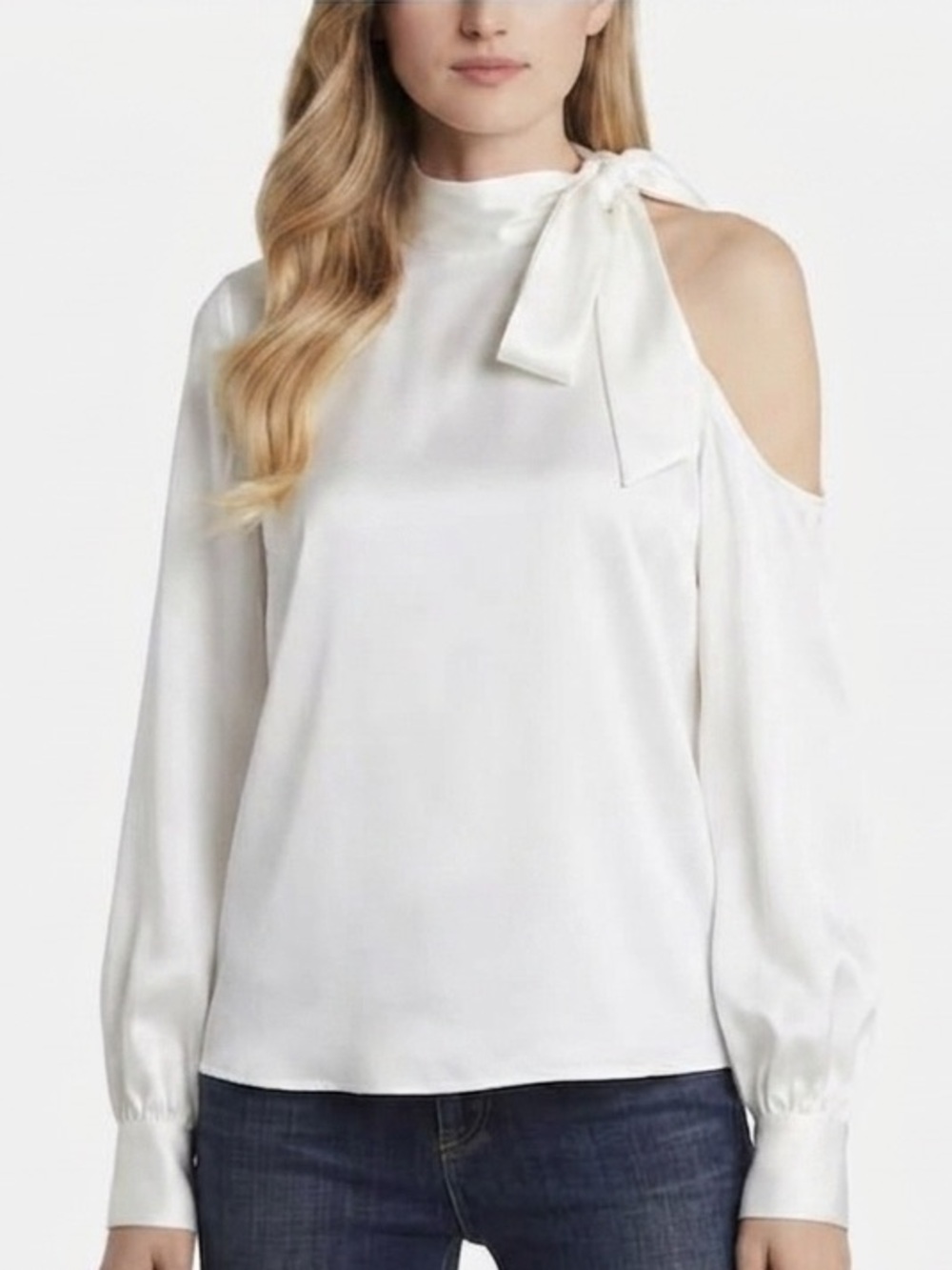 Vince Camuto White Cold-Shoulder Tie-Neck Blouse